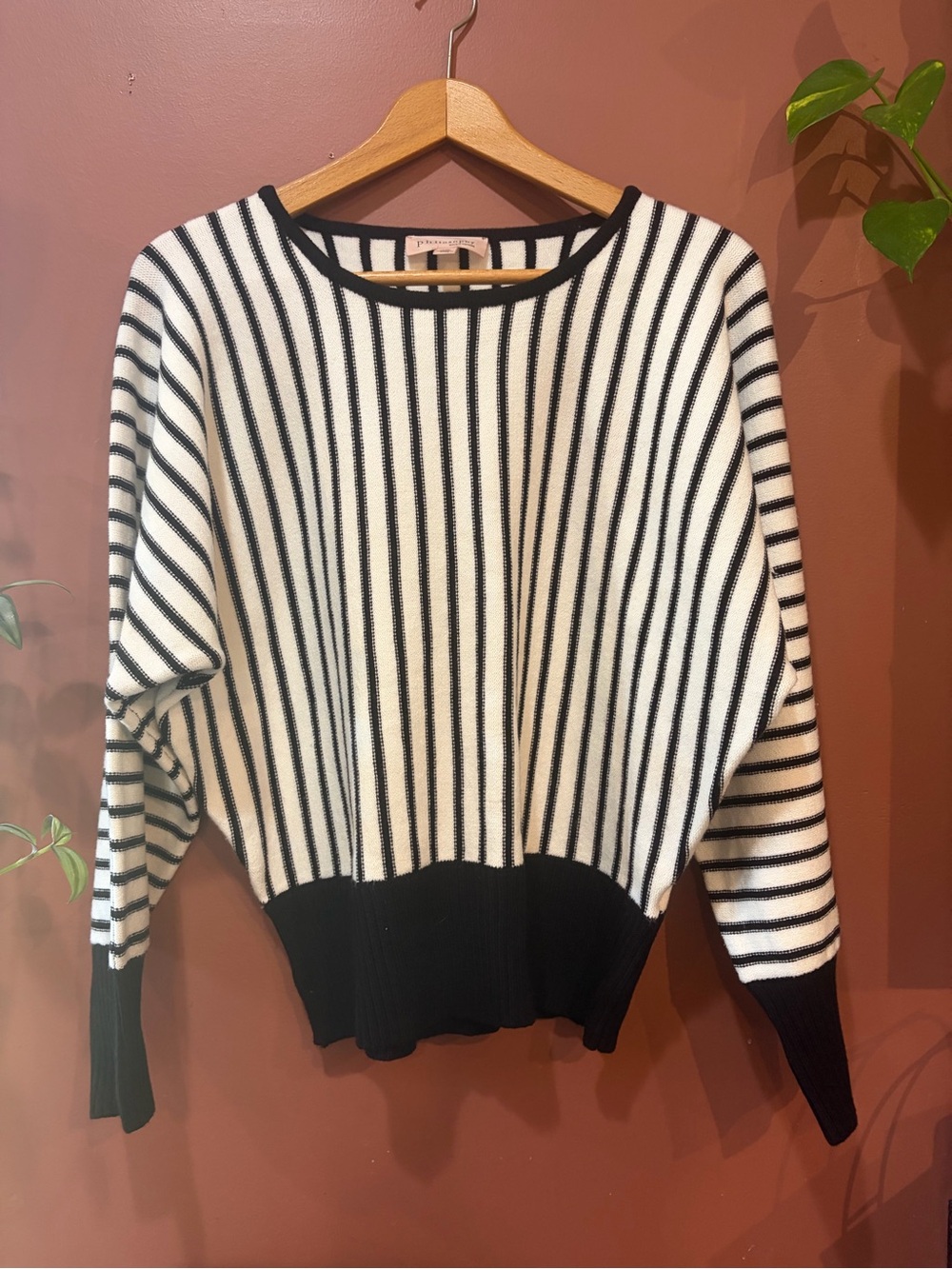 Philosophy Black and White Vertical Stripe Dolman Crewneck Sweater